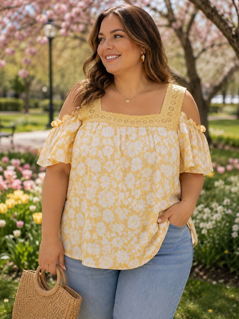 Lauren Conrad Yellow Floral Cold-Shoulder Top